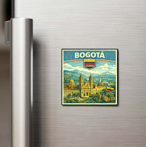 Retro Kolombiya Bogota Şehri Temalı Vintage Baskılı Buzdolap Magneti Kare – 9x9 cm