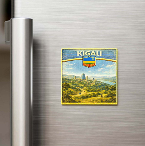Retro Ruanda Kigali Şehri Temalı Vintage Baskılı Buzdolap Magneti Kare – 9x9 cm
