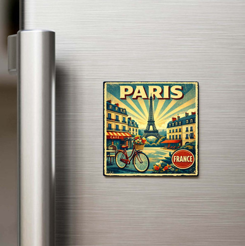 Vintage Paris Şehri Temalı Baskılı Buzdolap Magneti Kare – 9x9 cm