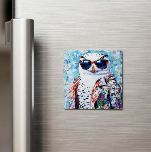 Snowy Owl - Kar Baykuşu - Güneş Gözlüklü Style - Baskılı Buzdolap Magneti Kare - 9x9 Cm
