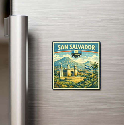 Retro El Salvador San Salvador Şehri Temalı Vintage Baskılı Buzdolap Magneti Kare – 9x9 cm