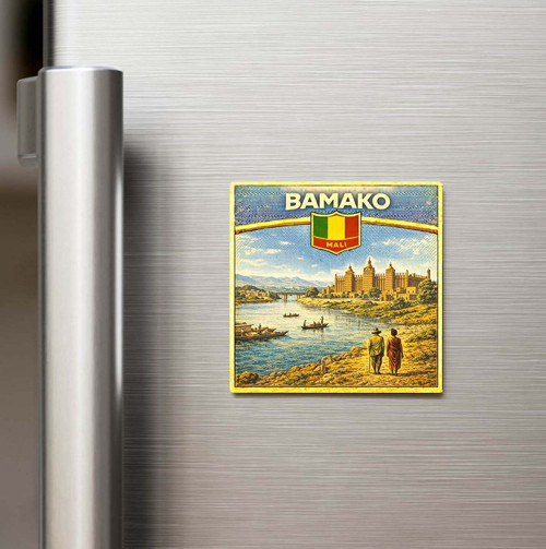 Retro Mali Bamako Şehri Temalı Vintage Baskılı Buzdolap Magneti Kare – 9x9 cm