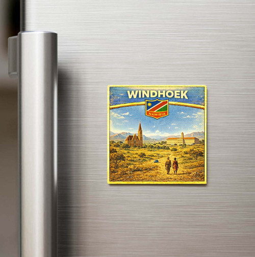 Retro Namibya Windhoek Şehri Temalı Vintage Baskılı Buzdolap Magneti Kare – 9x9 cm