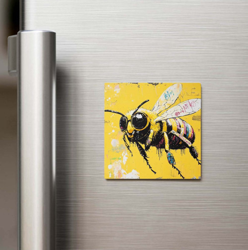 Bee - Arı - Güneş Gözlüklü Style - Baskılı Buzdolap Magneti Kare - 9x9 Cm