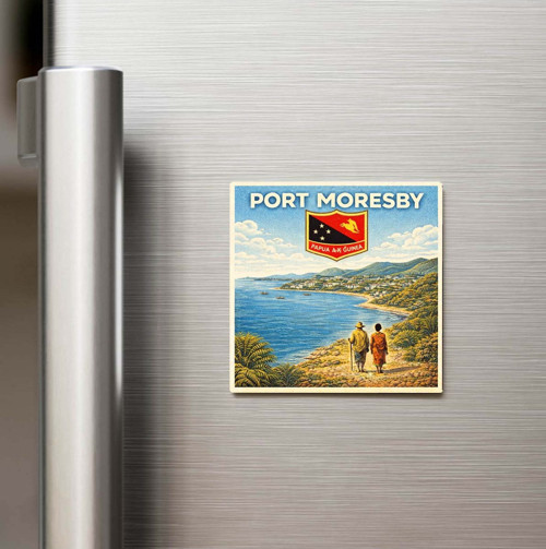 Retro Papua Yeni Gine Port Moresby Şehri Temalı Vintage Baskılı Buzdolap Magneti Kare – 9x9 cm