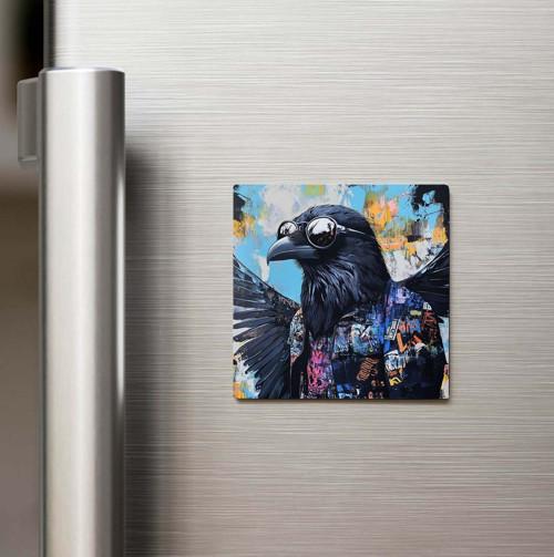 Crow - Karga - Güneş Gözlüklü Style - Baskılı Buzdolap Magneti Kare - 9x9 Cm