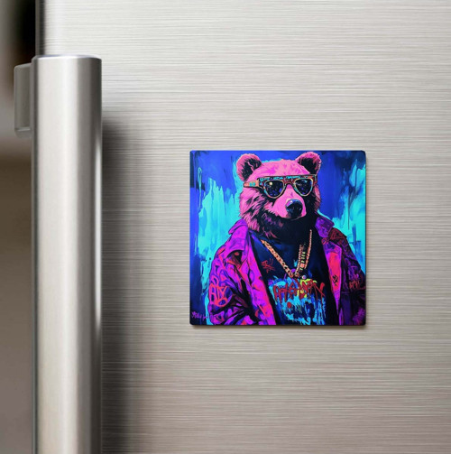Bear - Ayı - Güneş Gözlüklü Style - Baskılı Buzdolap Magneti Kare - 9x9 Cm