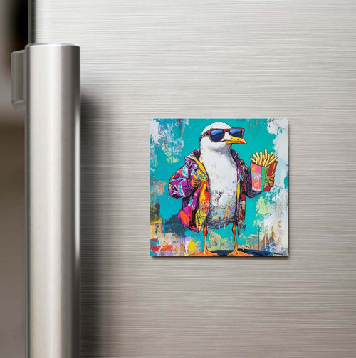 Seagull - Martı - Güneş Gözlüklü Style - Baskılı Buzdolap Magneti Kare - 9x9 Cm