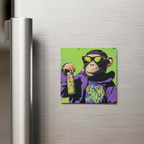 Monkey - Maymun - Güneş Gözlüklü Style - Baskılı Buzdolap Magneti Kare - 9x9 Cm