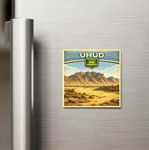 Retro Suudi Arabistan Uhud Şehri Temalı Vintage Baskılı Buzdolap Magneti Kare – 9x9 cm