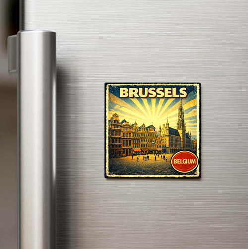 Vintage Brüksel Şehri Temalı Baskılı Buzdolap Magneti Kare – 9x9 cm