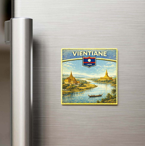 Retro Laos Vientiane Şehri Temalı Vintage Baskılı Buzdolap Magneti Kare – 9x9 cm