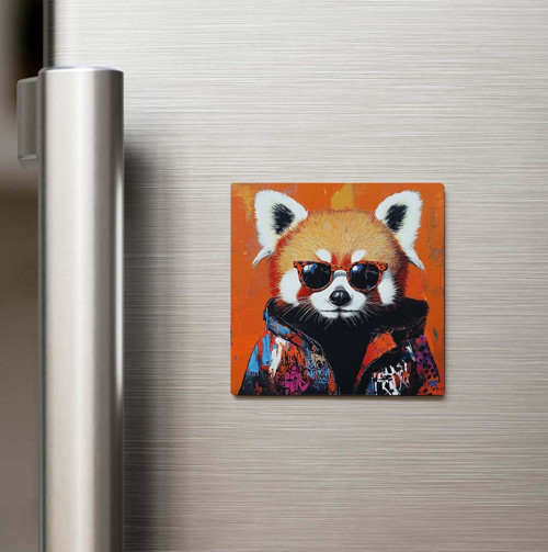 Red Panda - Kızıl Panda - Güneş Gözlüklü Style - Baskılı Buzdolap Magneti Kare - 9x9 Cm