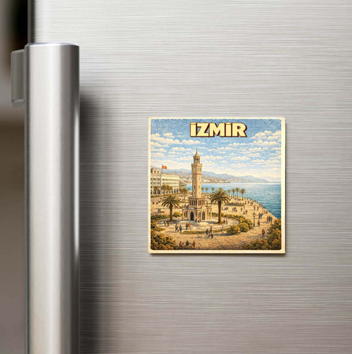 İzmir Şehri - Pop-Art Travel - Baskılı Buzdolap Magneti Kare 9x9 cm