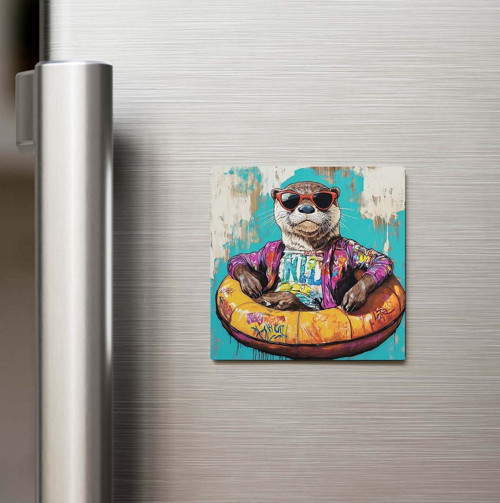 Otter - Su Samuru - Güneş Gözlüklü Style - Baskılı Buzdolap Magneti Kare - 9x9 Cm