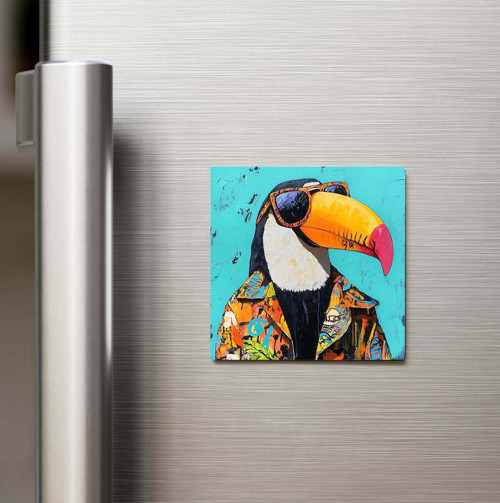 Toucan - Tukan - Güneş Gözlüklü Style - Baskılı Buzdolap Magneti Kare - 9x9 Cm