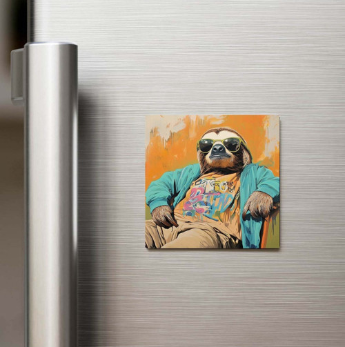 Sloth - Tembel Hayvan - Güneş Gözlüklü Style - Baskılı Buzdolap Magneti Kare - 9x9 Cm