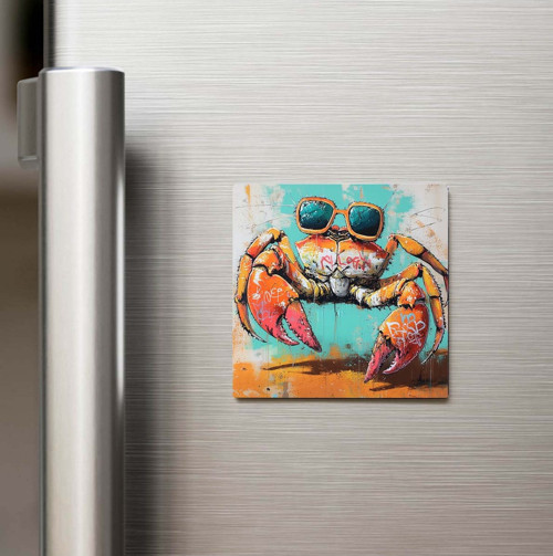 Crab - Yengeç - Güneş Gözlüklü Style - Baskılı Buzdolap Magneti Kare - 9x9 Cm