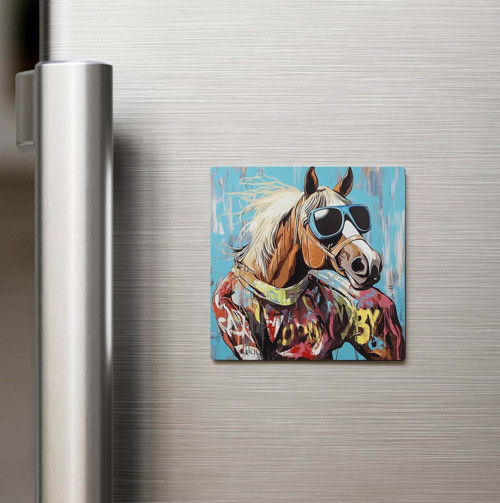 Horse - At - Güneş Gözlüklü Style - Baskılı Buzdolap Magneti Kare - 9x9 Cm