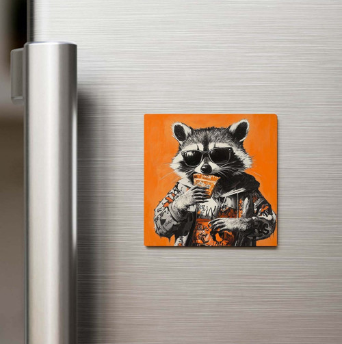 Raccoon - Rakun - Güneş Gözlüklü Style - Baskılı Buzdolap Magneti Kare - 9x9 Cm