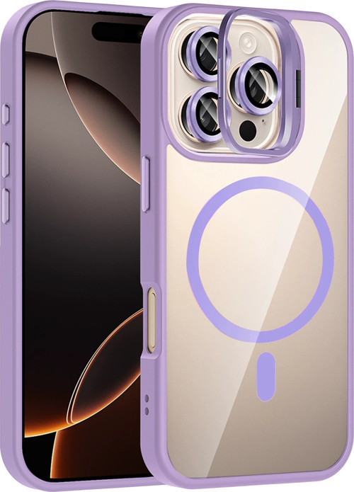 Apple iPhone 16 Pro Max Remim Lensli Magsafe Standlı Kapak - Lila