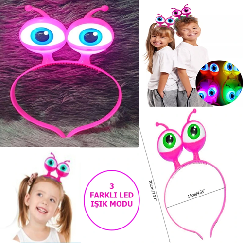 Led Işıklı & Pilli Uzaylı Göz Parti Tacı Pembe Renk