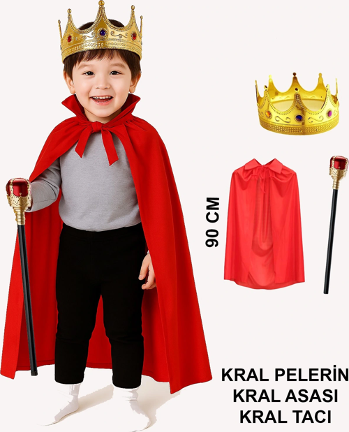 Çocuk Kral Kostüm Seti – Kırmızı Pelerin, Taç Ve Asa (90 Cm)