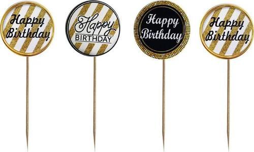 Happy Birthday Kürdan Süsü (20 Adet) - Siyah ve Altın (Gold)