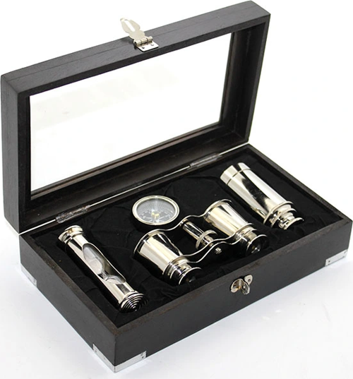 Ahşap Kutulu Pirinç Dürbün Pusula Ve Kum Saati Seti