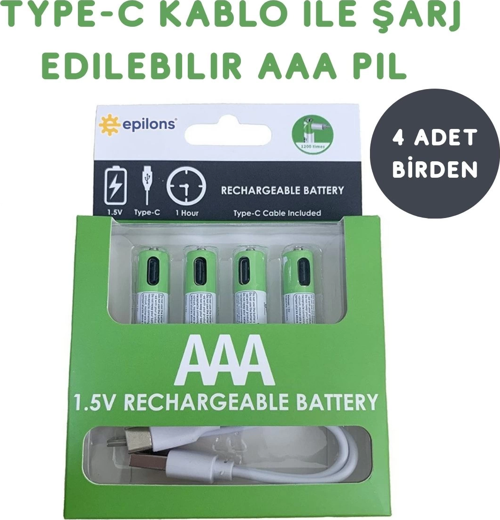 Usb Type-c İle Şarjolabilen 4 Adet Aaa 1.5v Lityum Şarjlı Kalem Pil 750 Mah Uzun Ömürlü