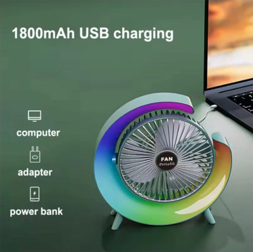Masaüstü Vantilatör Usb Şarjlı Rgb Led Işıklı 3 Kademeli 180° Ayarlanabilir Soğutucu Fan Yeşil
