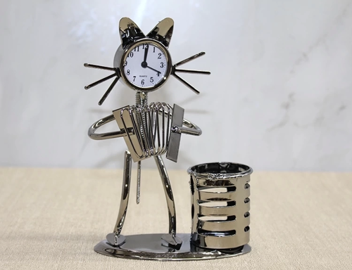 Metal Akordiyon Çalan Kedi Müzisyen Saat Ve Kalemlik Alk4344