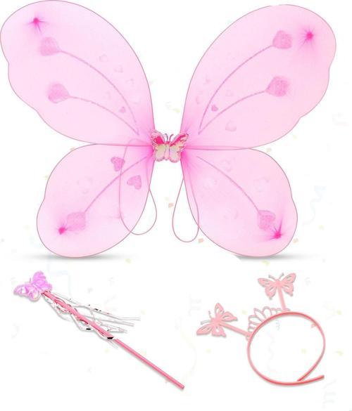 Kelebek Kanadı Seti (Kanat + Taç + Asa (Sopası)) (50x37 cm) - Toz Pembe