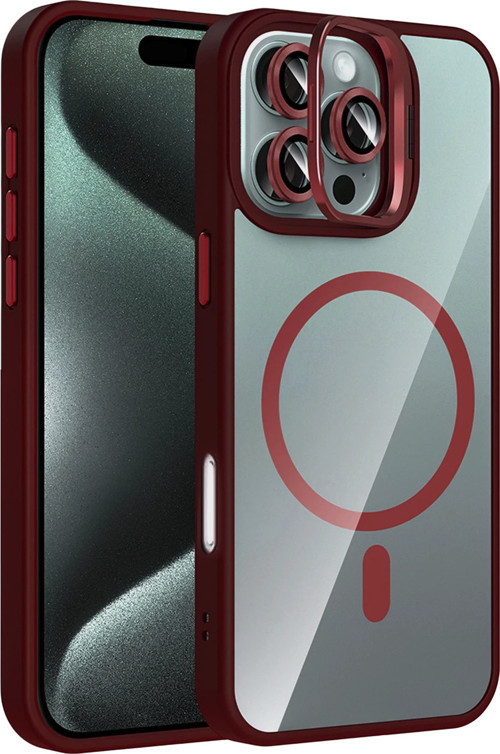 Apple iPhone 16 Pro Max Remim Lensli Magsafe Standlı Kapak - Bordo