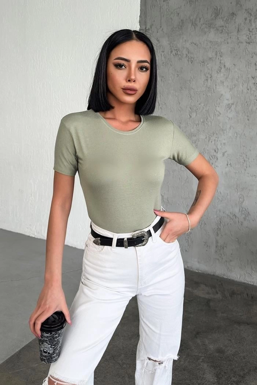 Rahat Ve Şık Kısa Kollu Bisiklet Yaka Likralı Viskon Penye Body Haki
