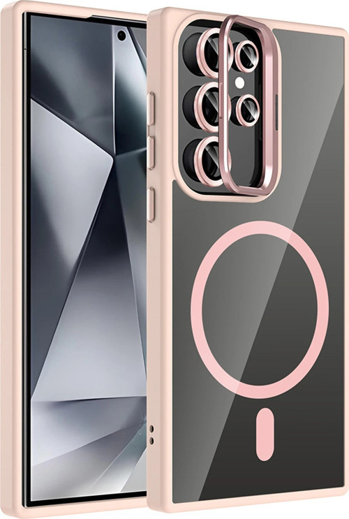 Samsung Galaxy S25 Ultra Remim Lensli Magsafe Standlı Kapak - Pembe