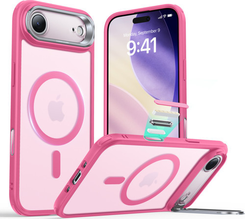 Apple iPhone 17 Air Classic Hybrid Magsafe Standlı Kılıf - Kamera Kontrol Buton - Buzlu Pembe