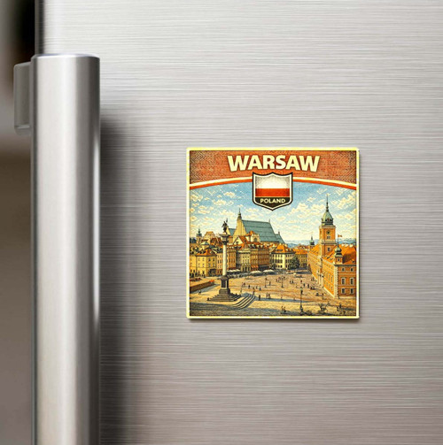 Retro Polonya Varşova Şehri Temalı Vintage Baskılı Buzdolap Magneti Kare – 9x9 cm