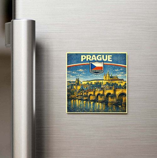 Retro Çekya Prag Şehri Temalı Vintage Baskılı Buzdolap Magneti Kare – 9x9 cm