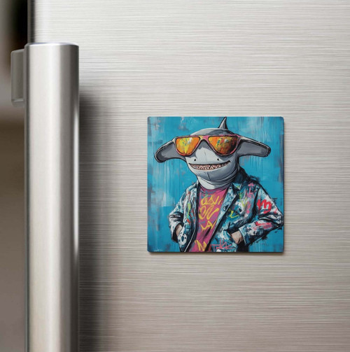 Hammerhead - Çekiç Kafalı Köpekbalığı - Güneş Gözlüklü Style - Baskılı Buzdolap Magneti Kare 9x9 Cm
