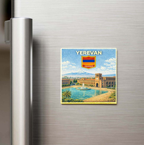 Retro Ermenistan Erivan Şehri Temalı Vintage Baskılı Buzdolap Magneti Kare – 9x9 cm