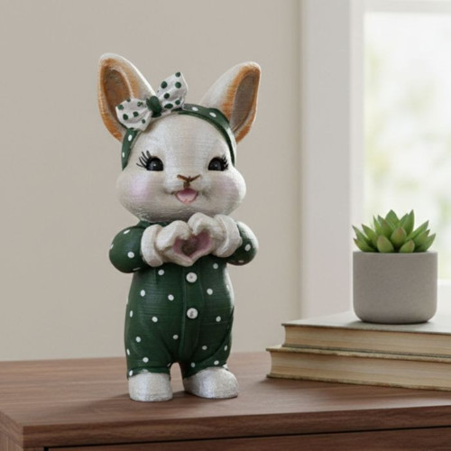 - Hülya 6683 Lovi Puantiyeli Pijamalı Tavşan Figürü Dekoratif Polyester Biblo - Yeşil 14 cm