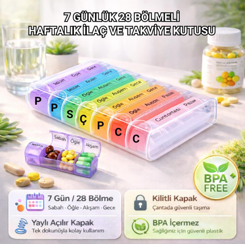 4 Bölmeli 28 Gözlü Haftalık İlaç Saklama Kutusu Kilitli Kapaklı Hap İlaç Kutusu BPA İçermez