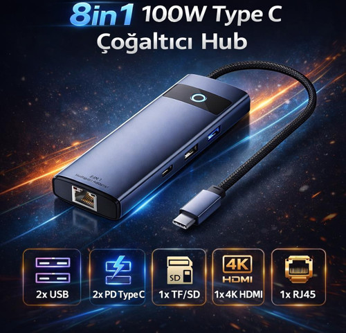 Multiport PD 100W 8in1 Type-C to Dönüştürücü Hub Type-C to Rj45 HDMI4K@30Hz USB3.0 SD/TF Hub