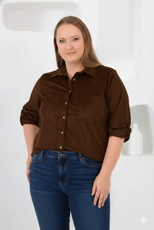 Kadife Büyük Beden Kol Çıtçıtlı Gömlek