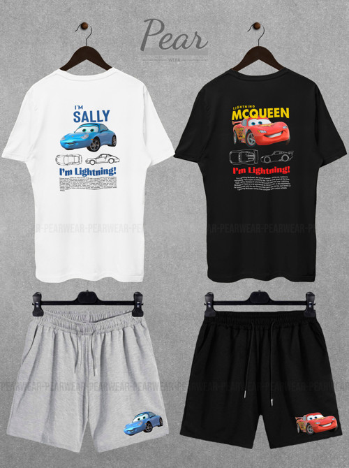 Sally & Mcqueen Cars Baskılı 4'Lü Tişört Şortlu Takım Sevgili Unisex Oversize Şort T-Shirt
