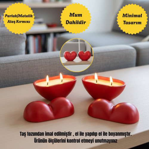 2 Adet Kalp Şeklinde Kapaklı Mum Seti - Hediyelik Dekoratif Salon Süsü/Dekoru