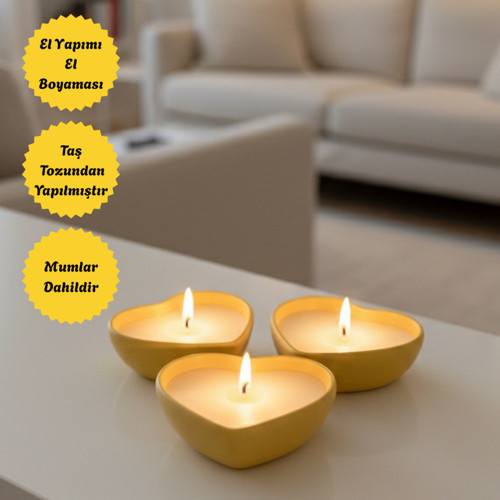 3 Adet Kalp Şeklinde Mum - Dekoratif Hediyelik Ev Eşyası Oda Süsü