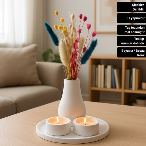 Dekoratif Kuru Çiçekli Şık Minimalist 4 Parça Set ( Vazo Tepsi Mumluk )