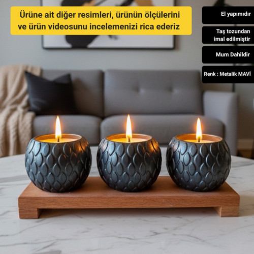 Dekoratif Mum Seti Ahşap Standlı Balık Pulu Desenli 4 Parça